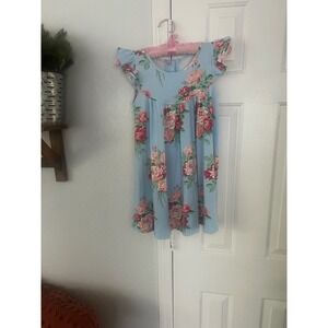 Southern Style Girls Blue Floral Rose Flutter Sleeve Empire Waist Dress Size 8